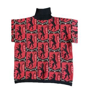 Vintage Arlequin Unisex Lion Motif Red & Black Turtleneck Collar Sweater M/L